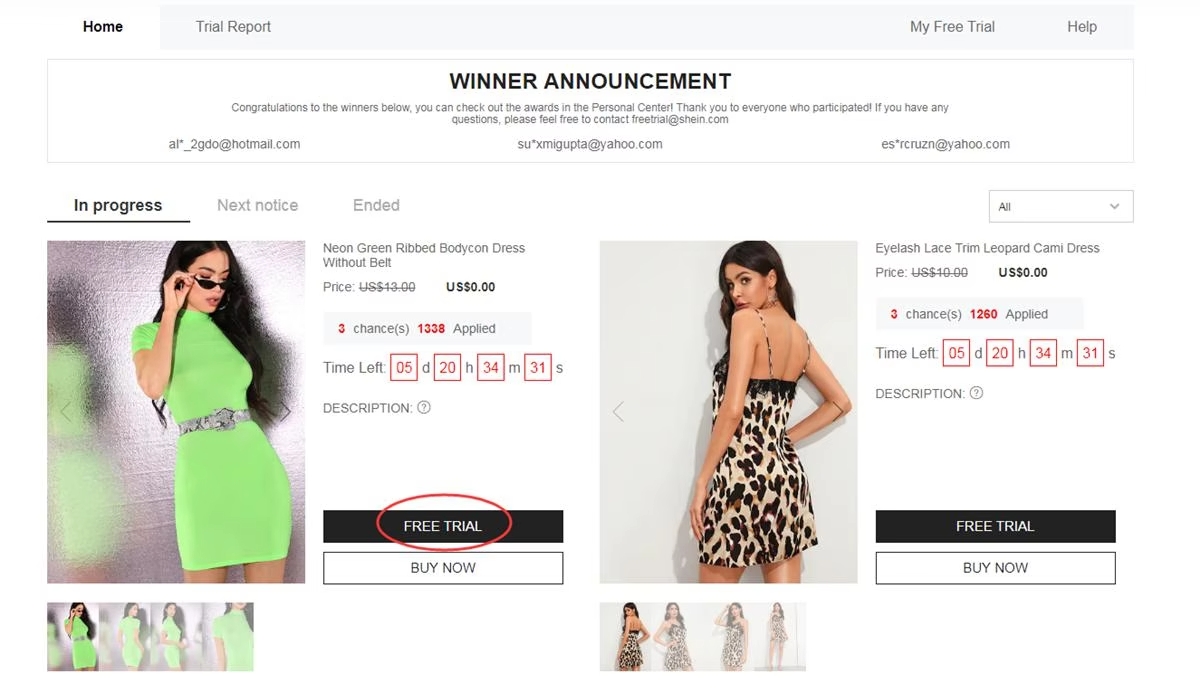 Reference screenshot of SHEIN Free Trial product listings showing example items and application buttons